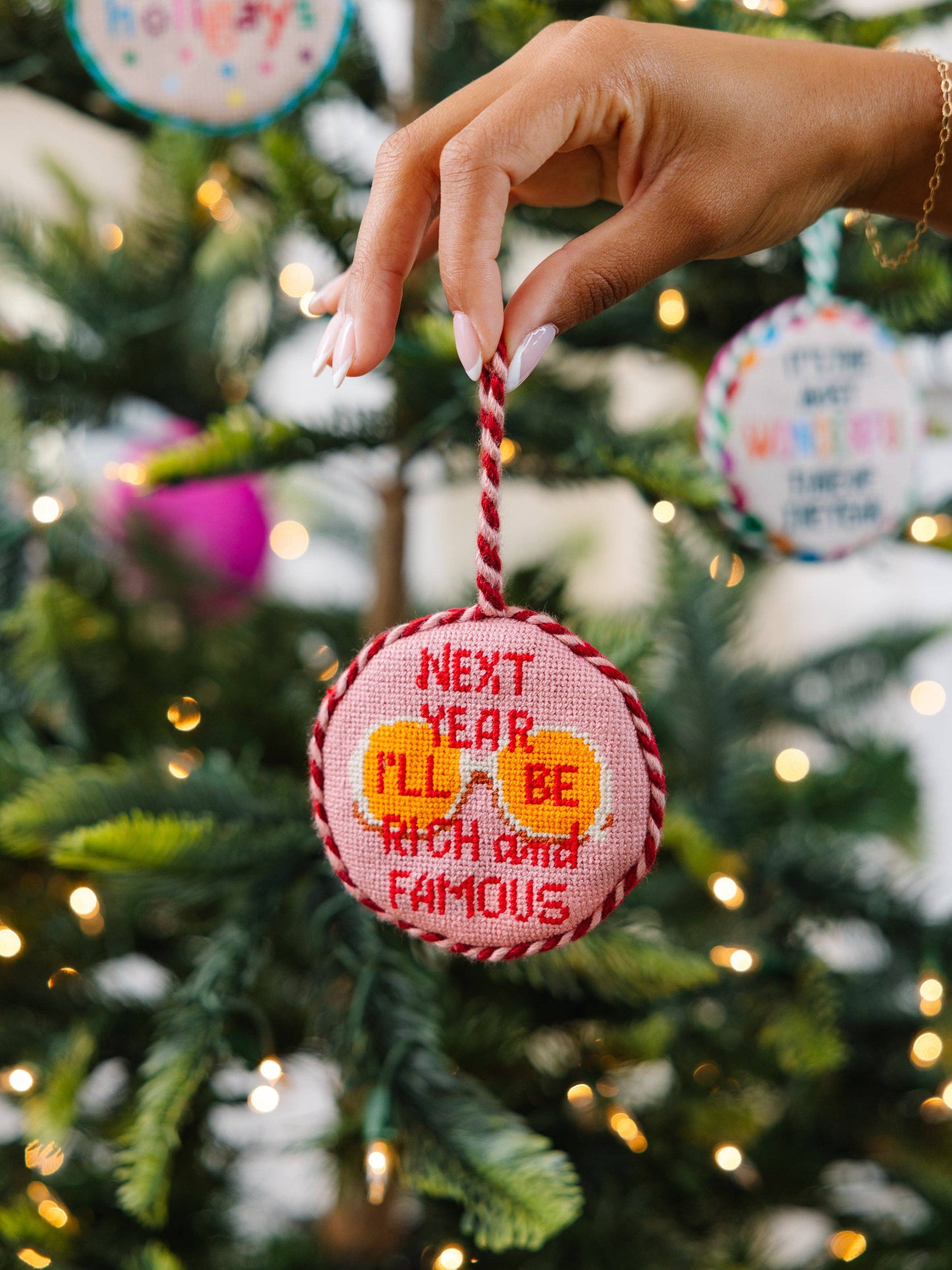 Needlepoint Ornament - Rich And Famous | Velvet Backed Holiday Decor