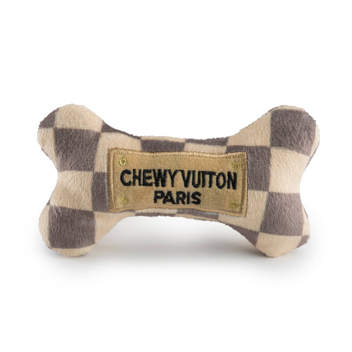 Checkered Chewy Vuiton Plush Bone Squeaky Dog Toy | Small