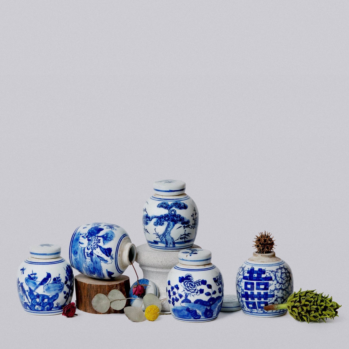 Blue and White Chinoiserie Porcelain Mini Ginger Jar - Bird and Flower Design