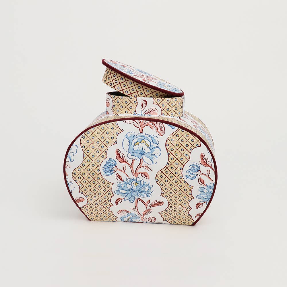 artisan block printed paper jar with vintage floral pattern, handmade