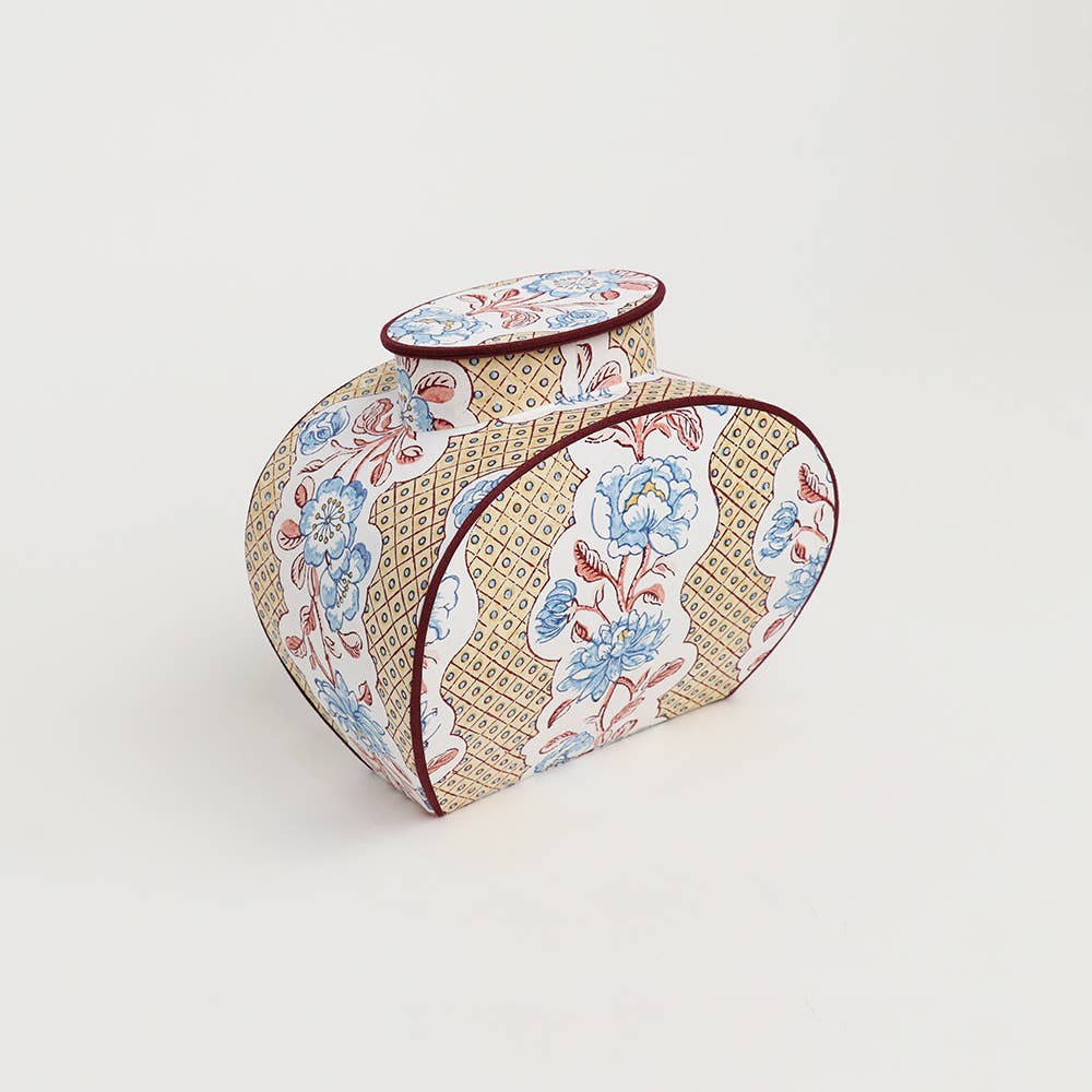 artisan block printed paper jar with vintage floral pattern, handmade