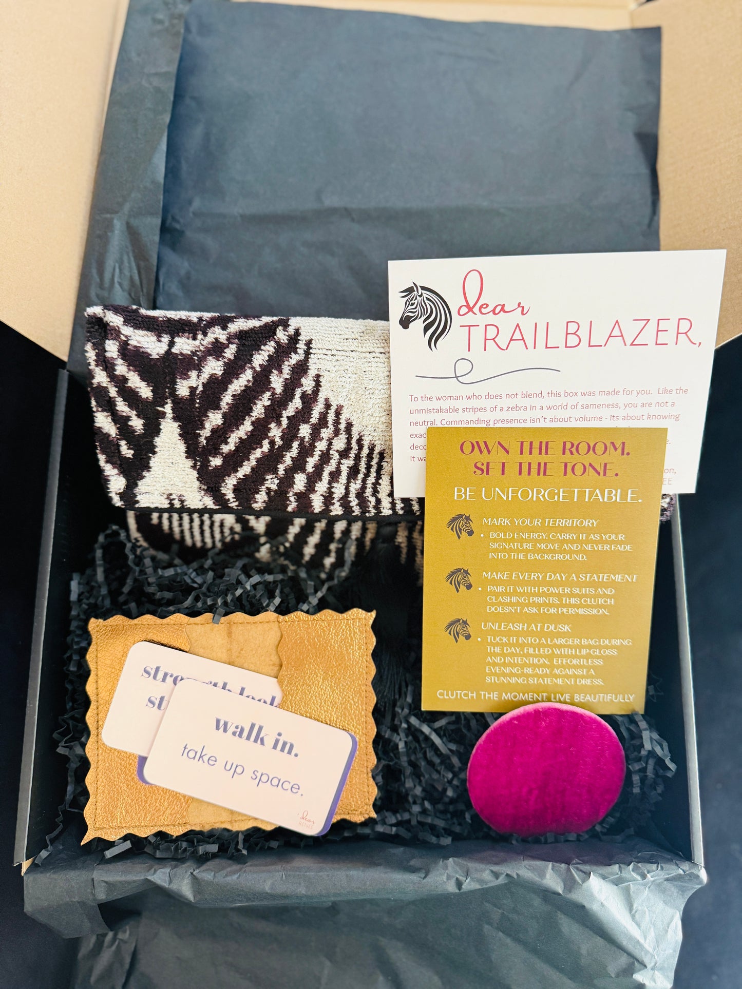 trailblazer gift box for women – empowerment gift with zebra clutch, boss lady gift, corporate gift for strong women, career milestone