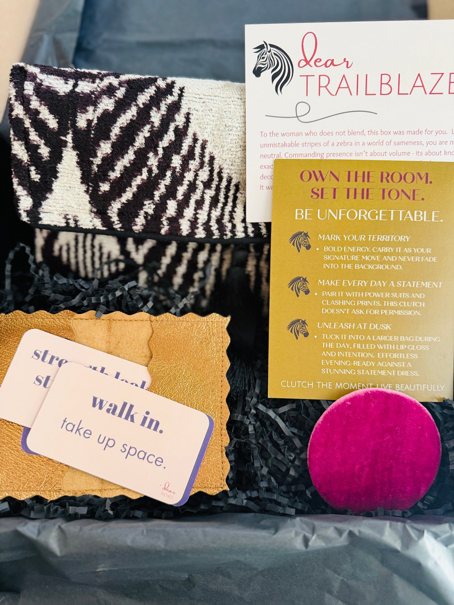 trailblazer gift box for women – empowerment gift with zebra clutch, boss lady gift, corporate gift for strong women, career milestone