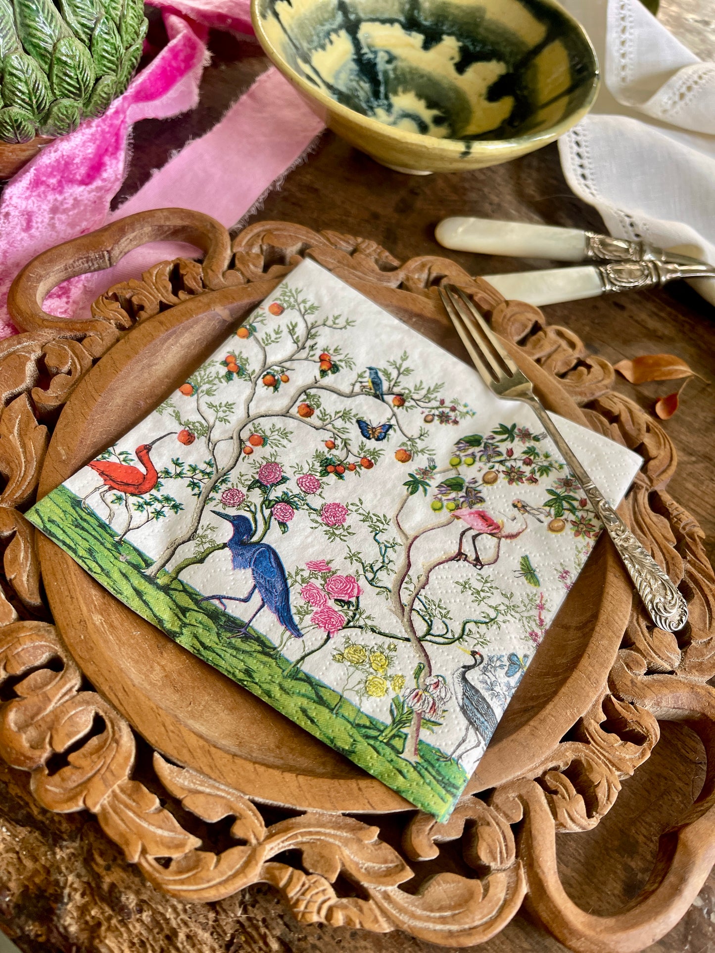 Exotic Birds and Fauna Chinoiserie Paper Cocktail Napkins - 20 Count, Tropical Cocktail Napkins
