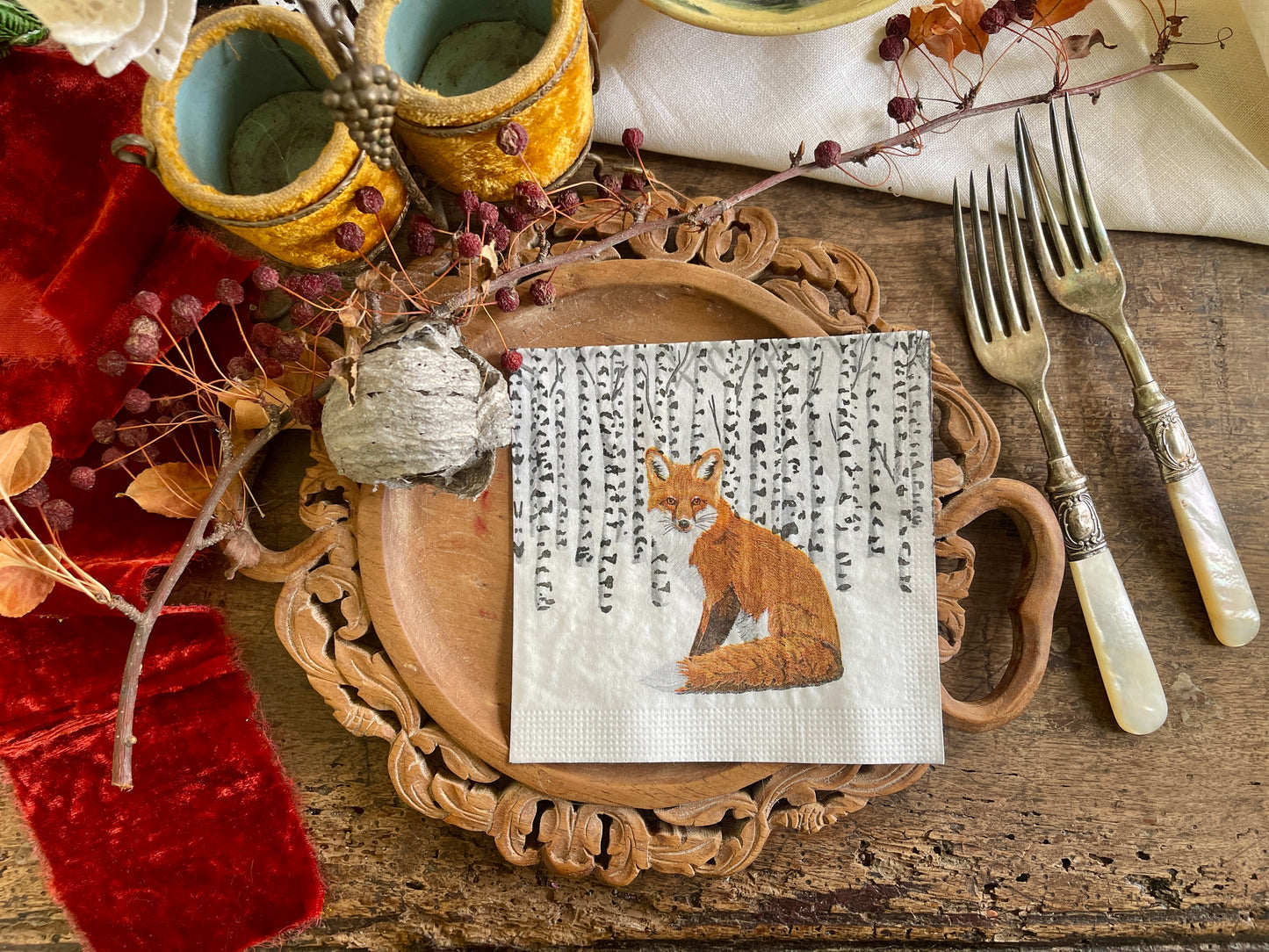 Fox in Winter Aspen Forest Paper Beverage Napkin - 20 Count, Holiday & Christmas Table Decor