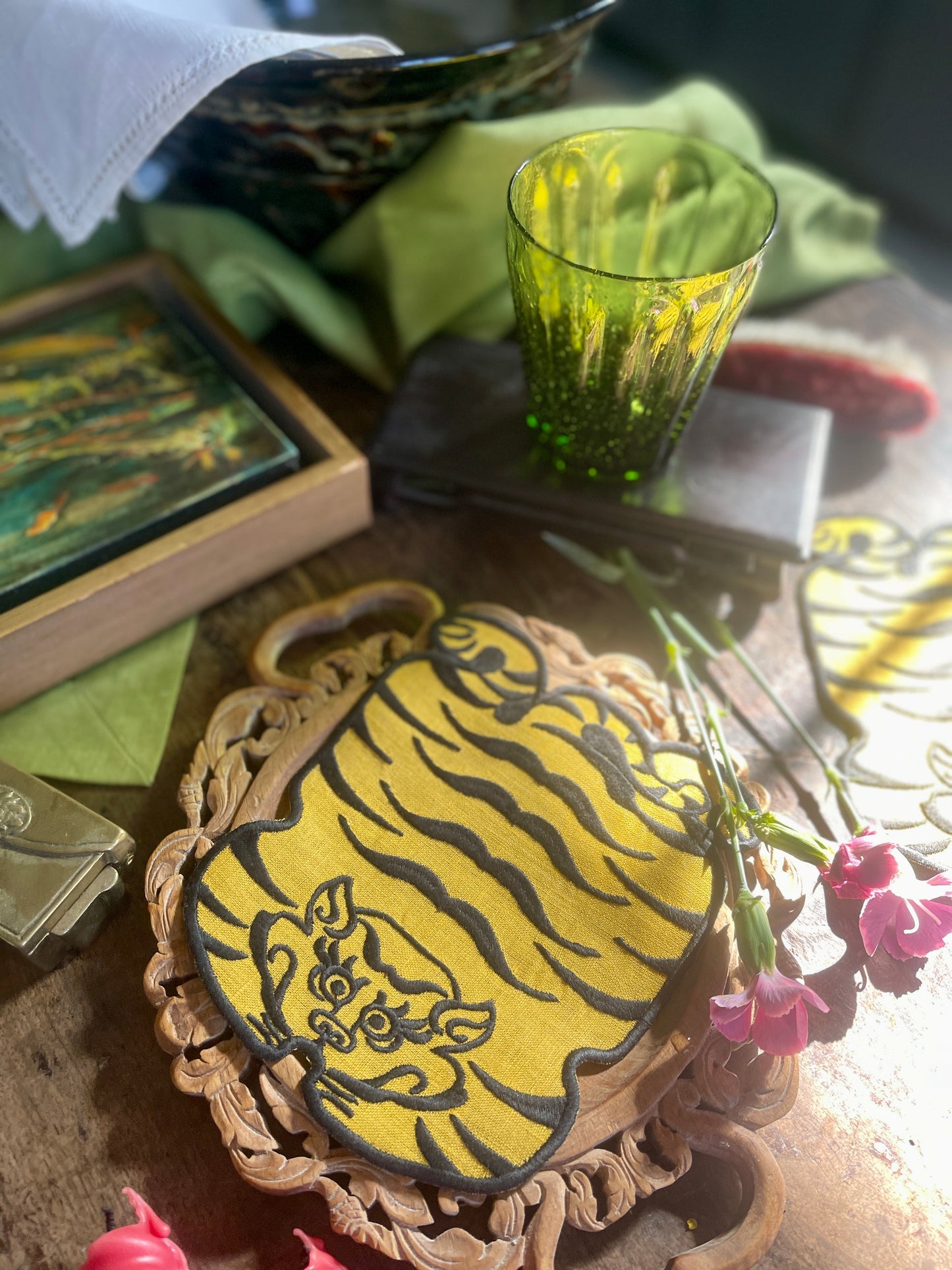Tibetan Tiger Linen Cocktail Napkin in Yellow