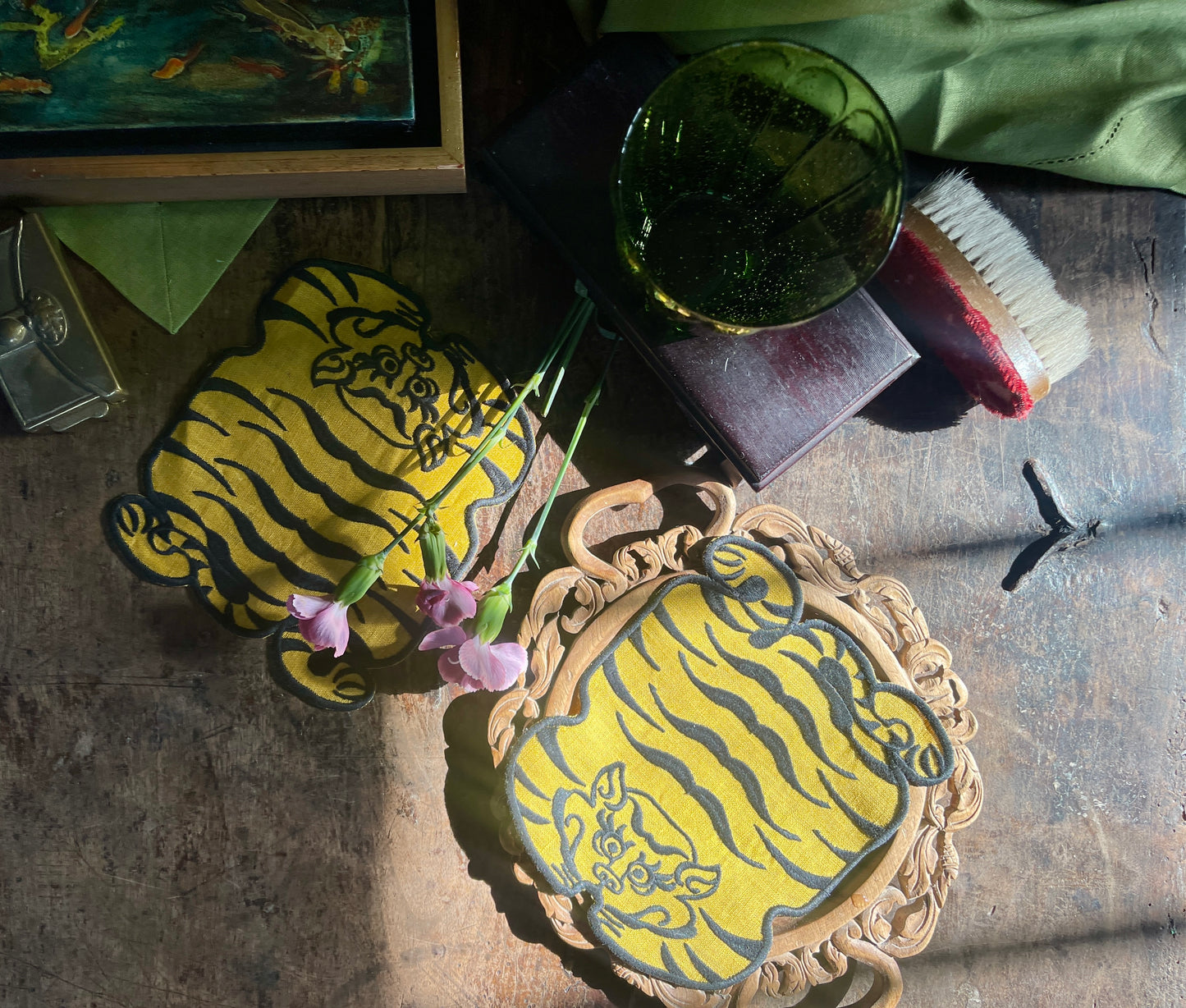 Tibetan Tiger Linen Cocktail Napkin in Yellow