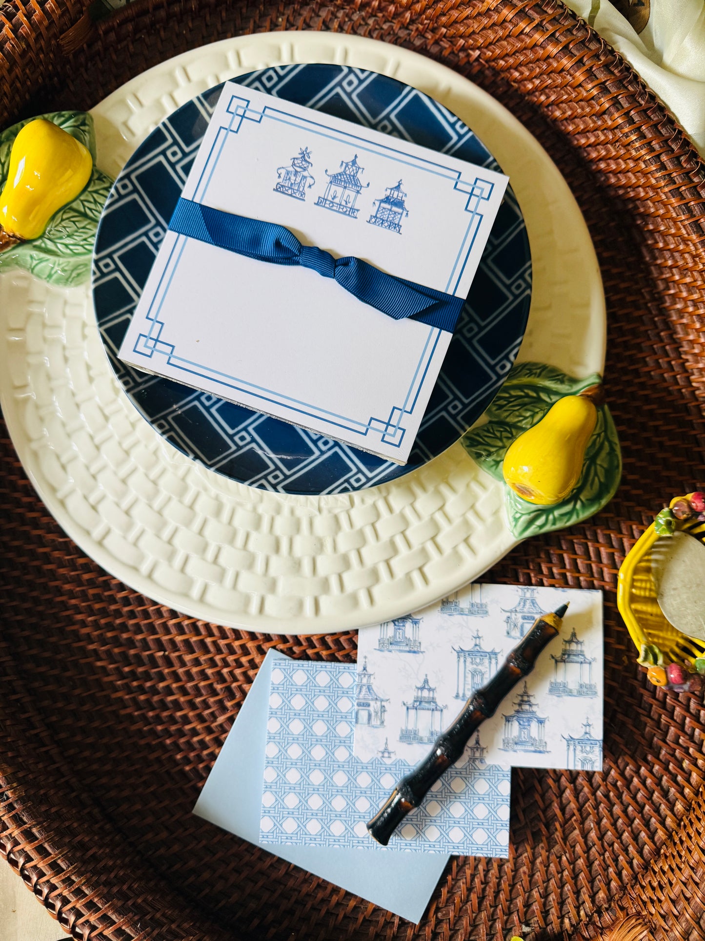 blue and white chinoiserie trio pagoda stationary gift set