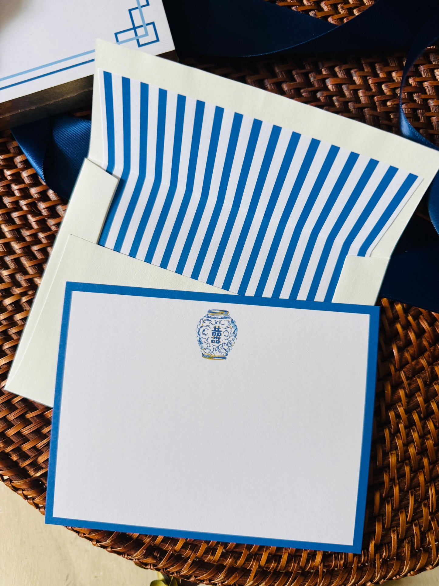 blue chinoiserie jar with navy border social stationery note cards