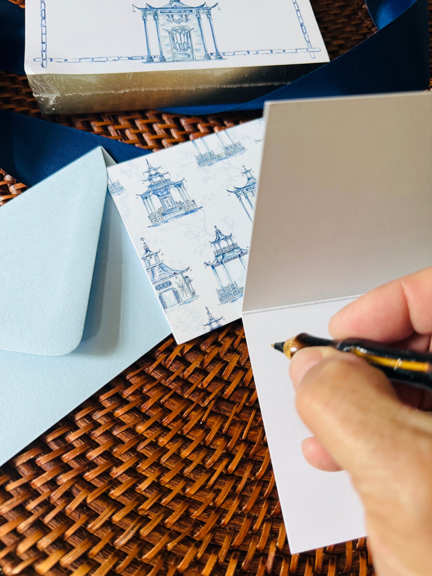 blue and white chinoiserie trio pagoda stationary gift set