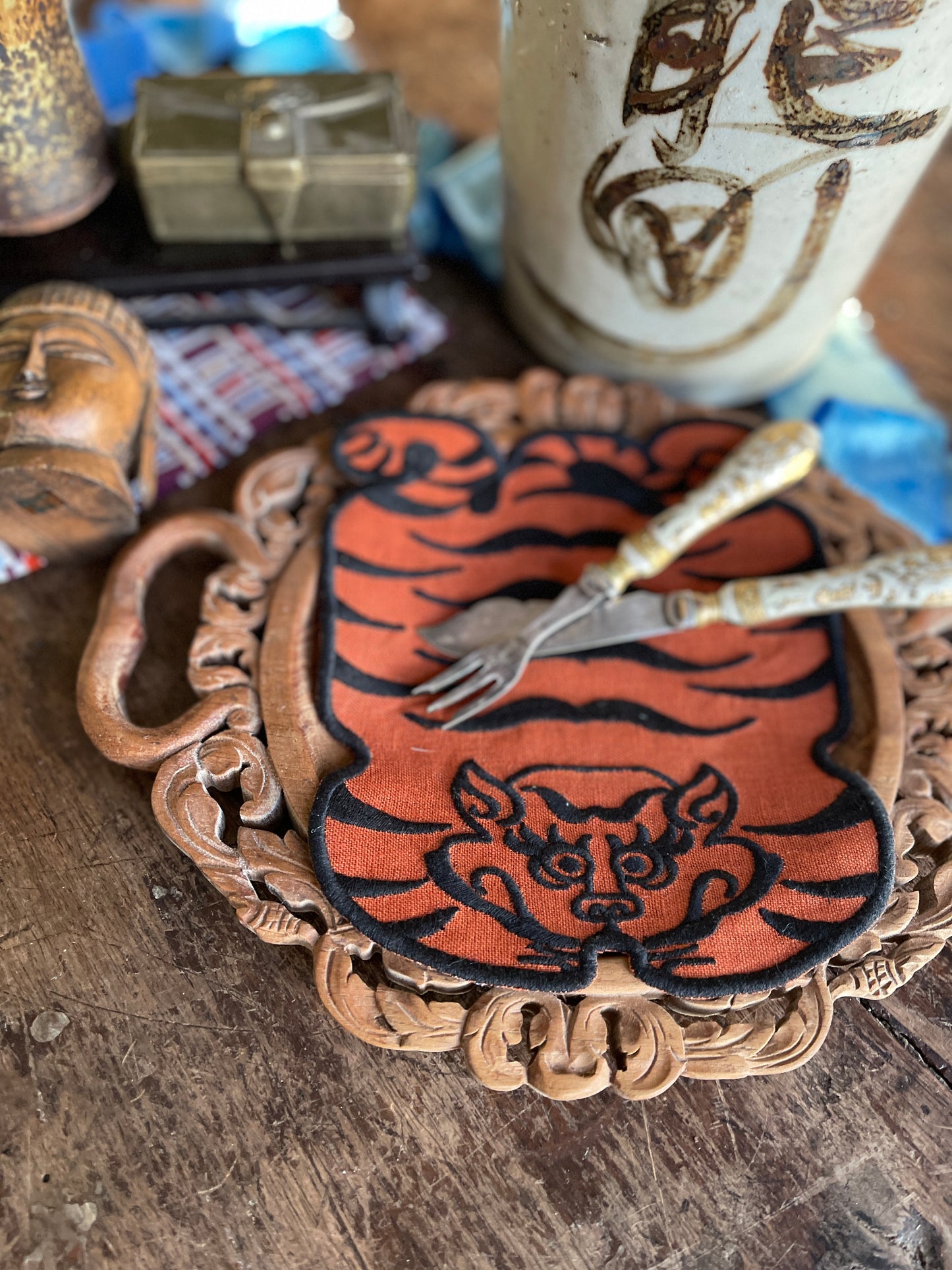 Tibetan Tiger Linen Cocktail Napkin in Orange