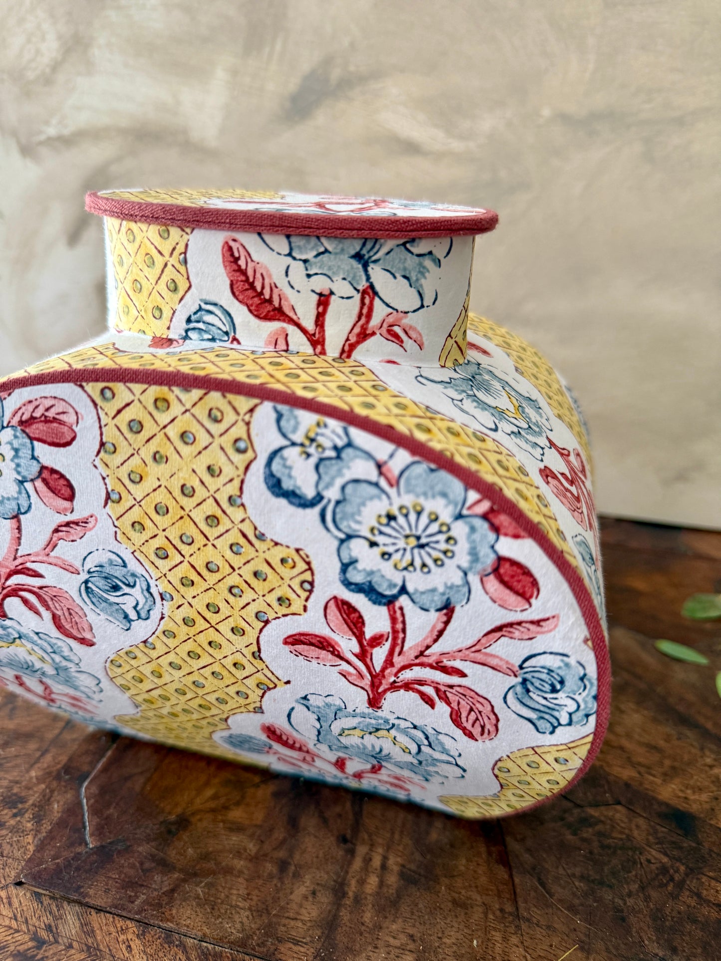artisan block printed paper jar with vintage floral pattern, handmade