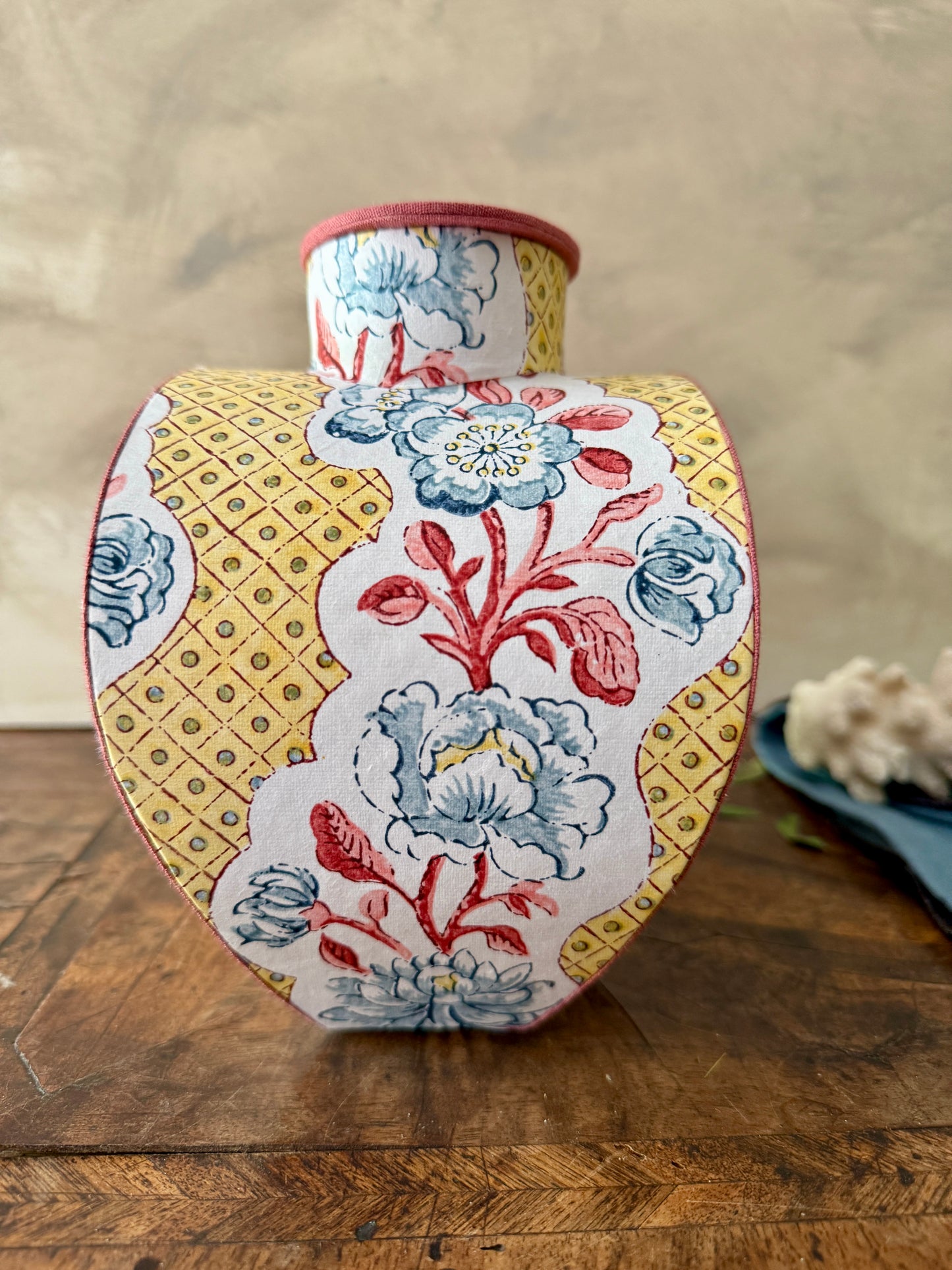 artisan block printed paper jar with vintage floral pattern, handmade
