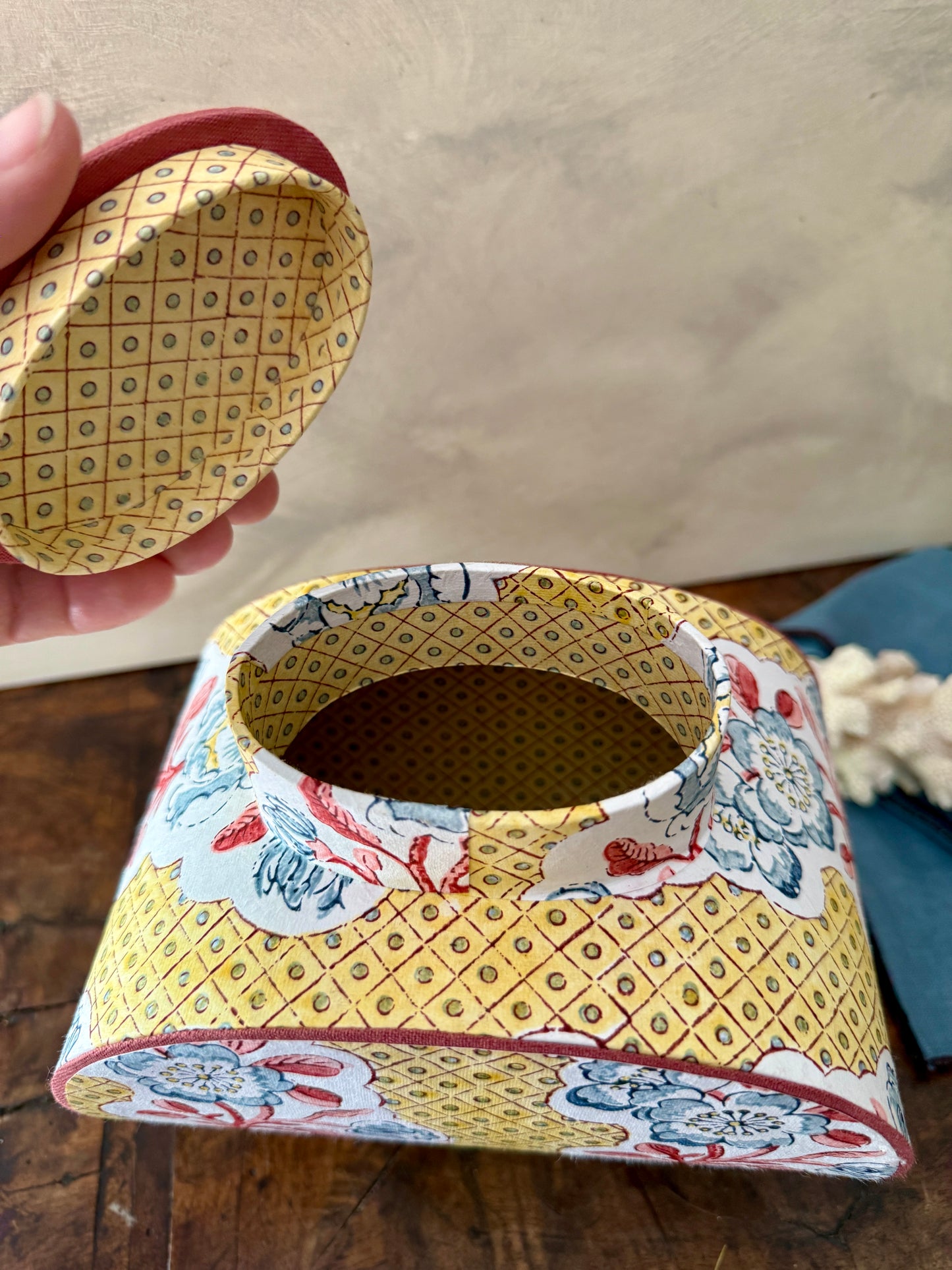 artisan block printed paper jar with vintage floral pattern, handmade