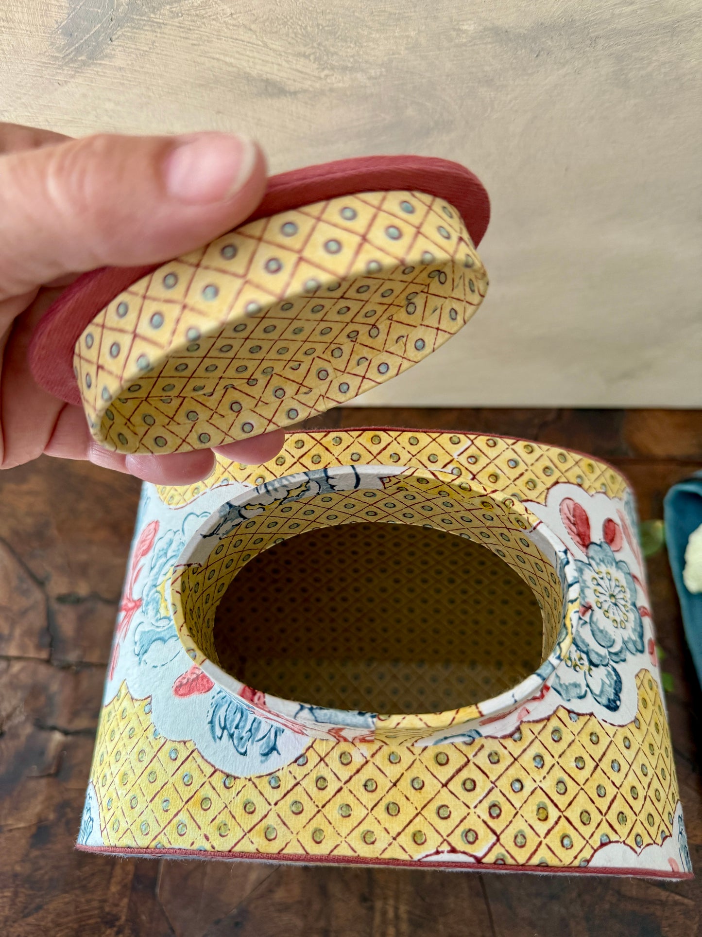 artisan block printed paper jar with vintage floral pattern, handmade