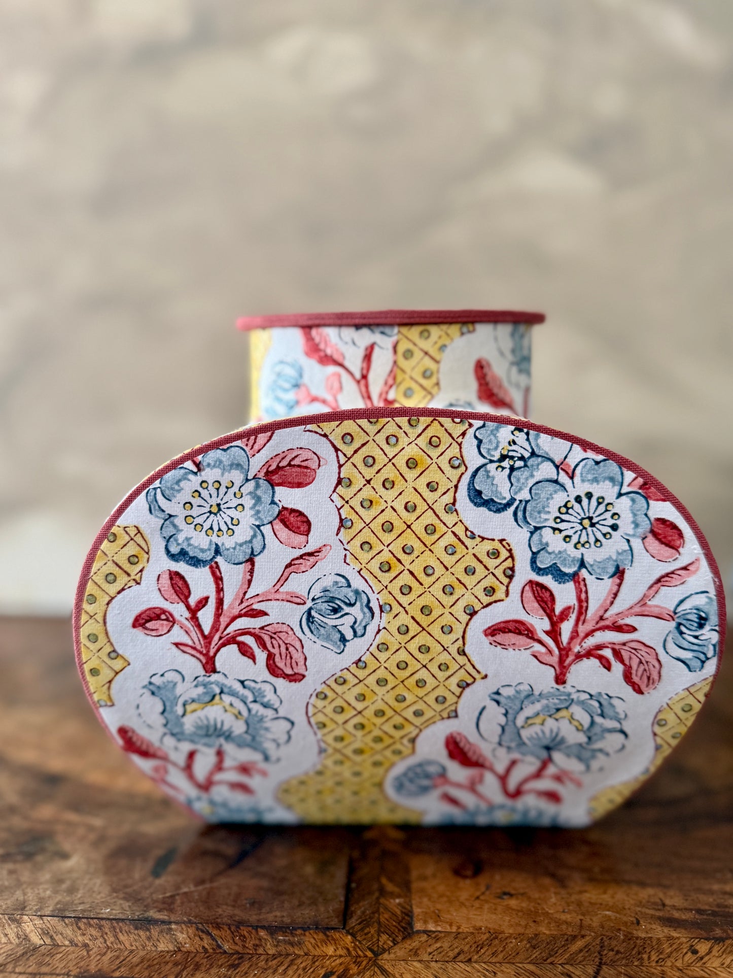 artisan block printed paper jar with vintage floral pattern, handmade