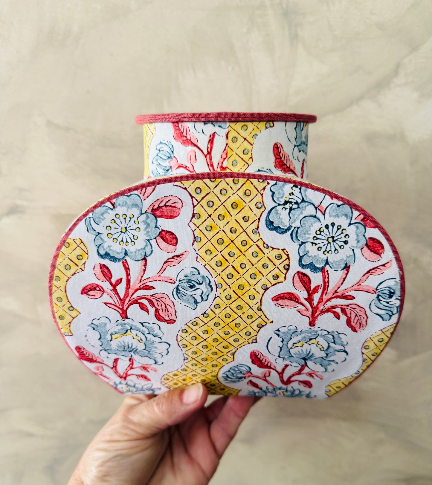 artisan block printed paper jar with vintage floral pattern, handmade
