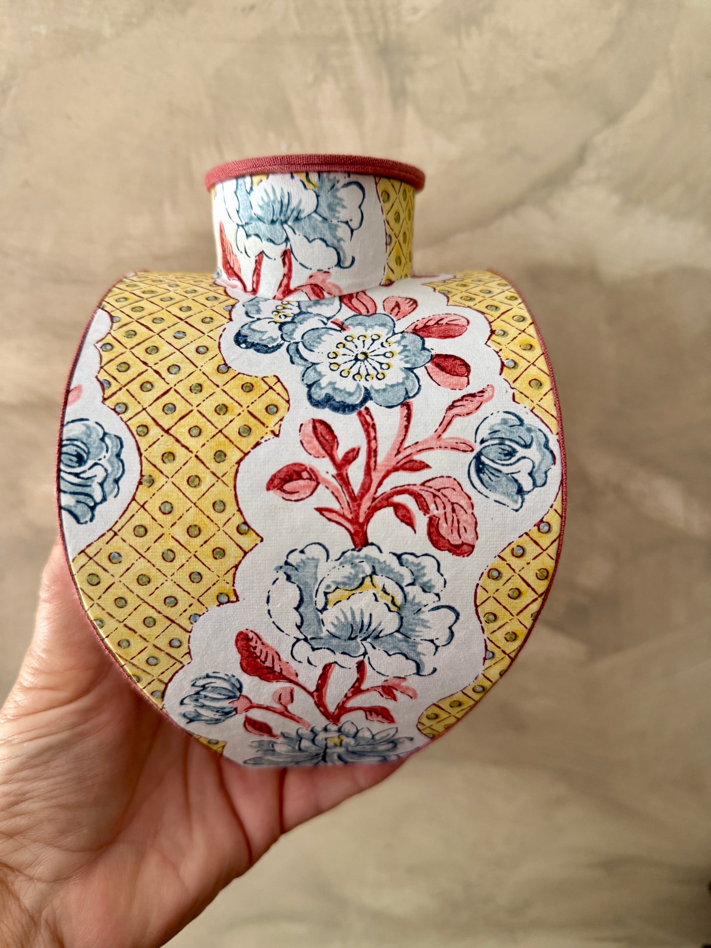 artisan block printed paper jar with vintage floral pattern, handmade
