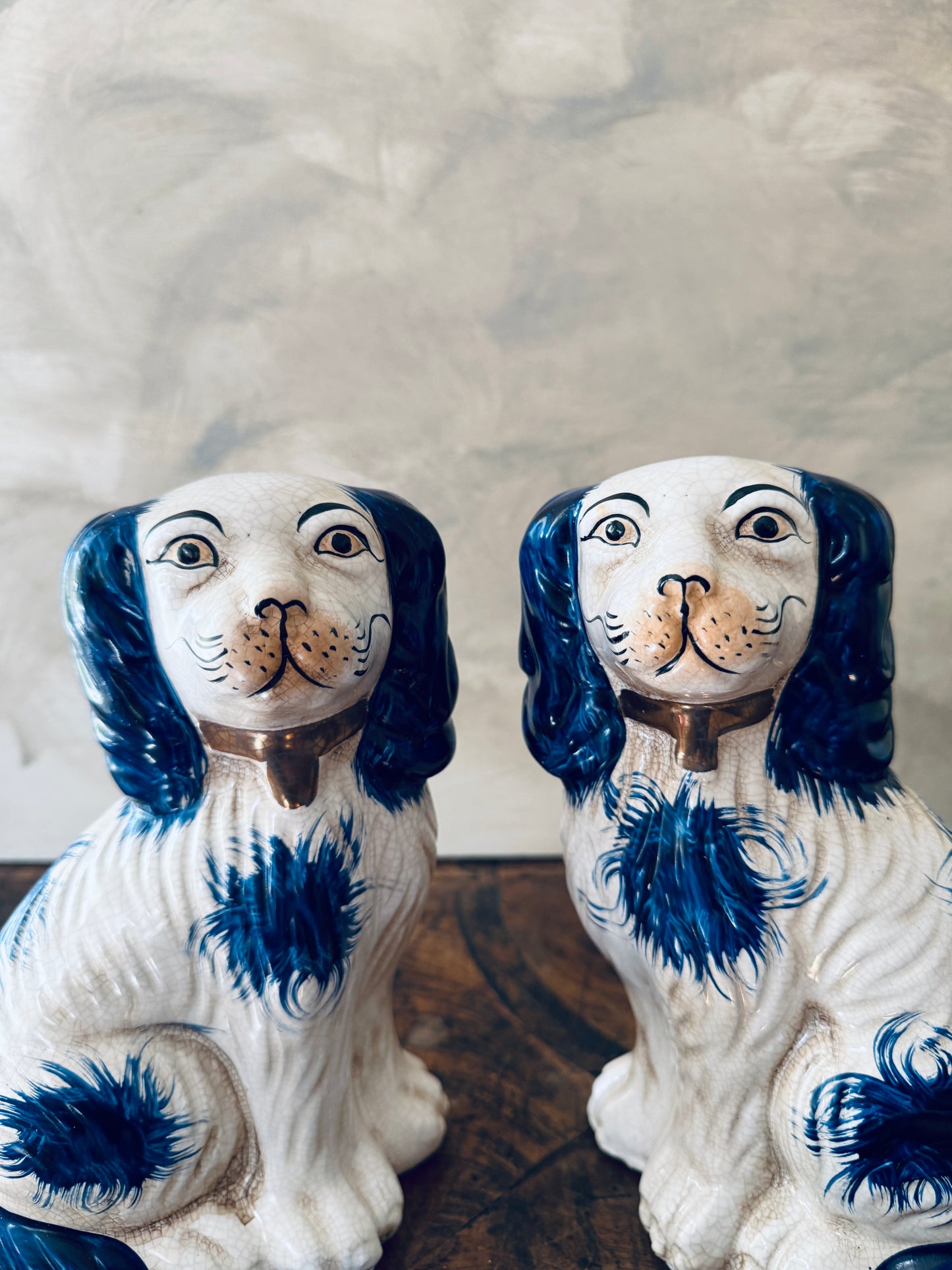 Pair of English Chinoiserie Style Blue and White Ceramic Staffordshire Dog
