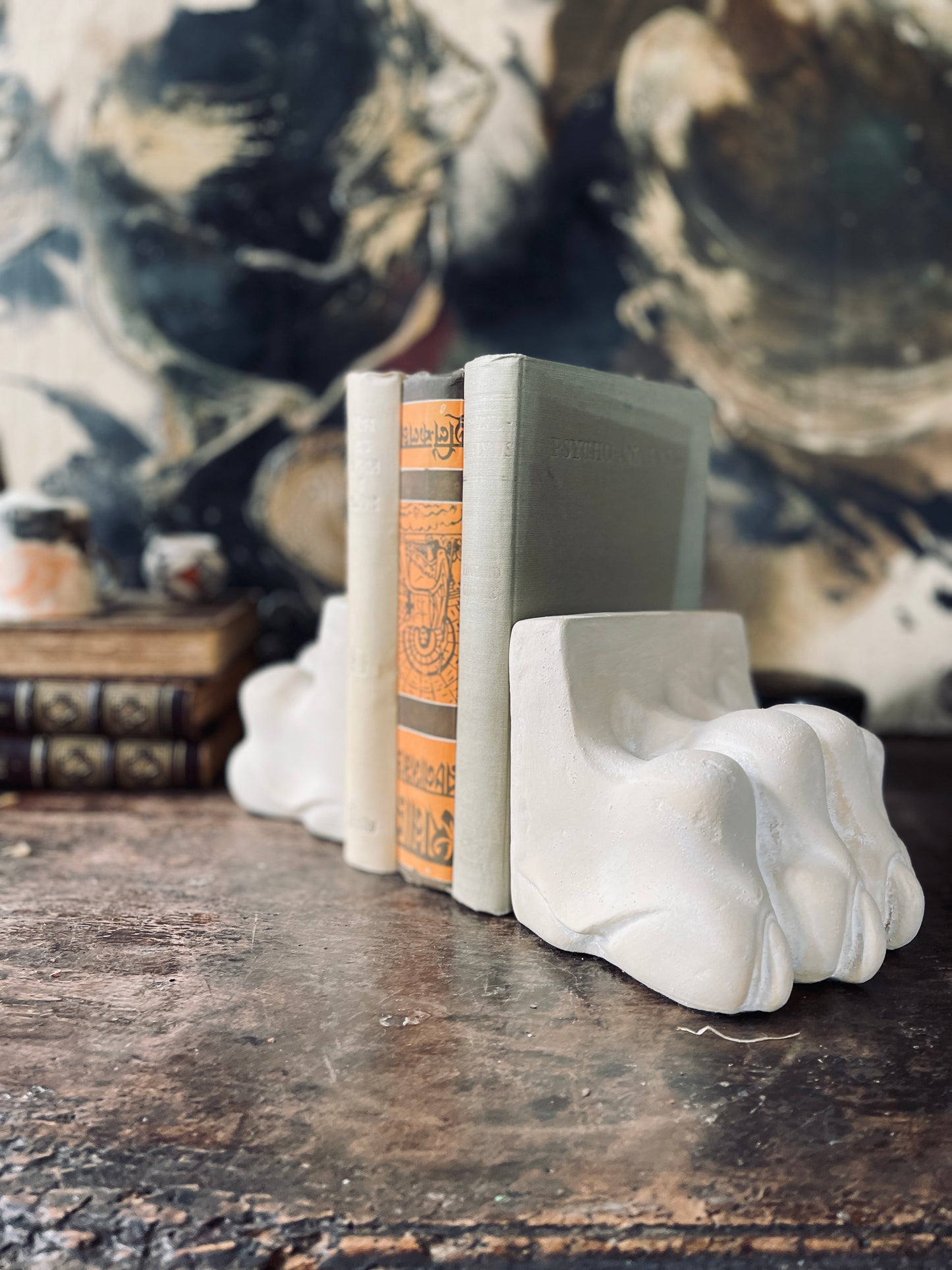 Cement Lion Paw Bookends - a Pair