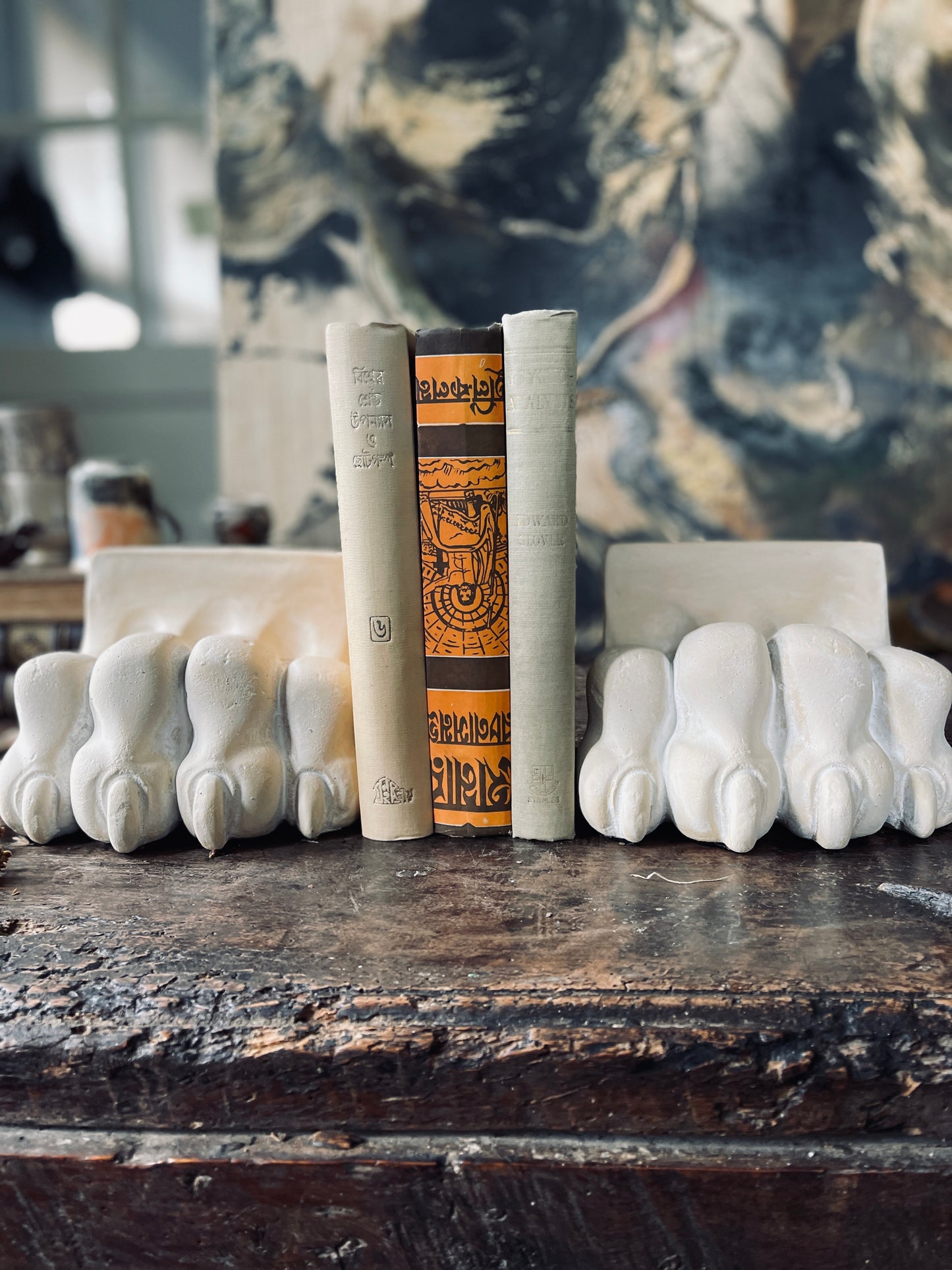 Cement Lion Paw Bookends - a Pair