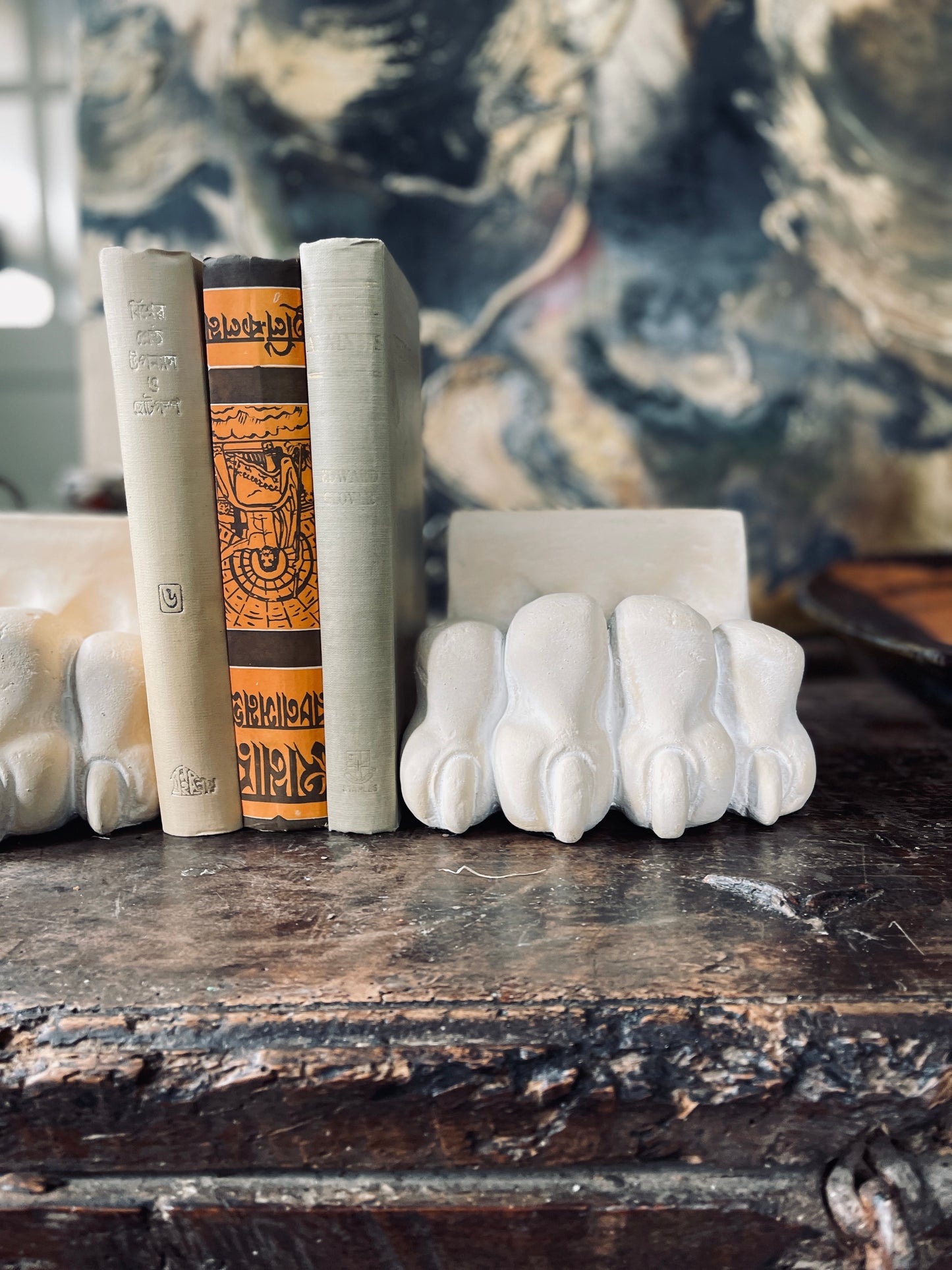 Cement Lion Paw Bookends - a Pair