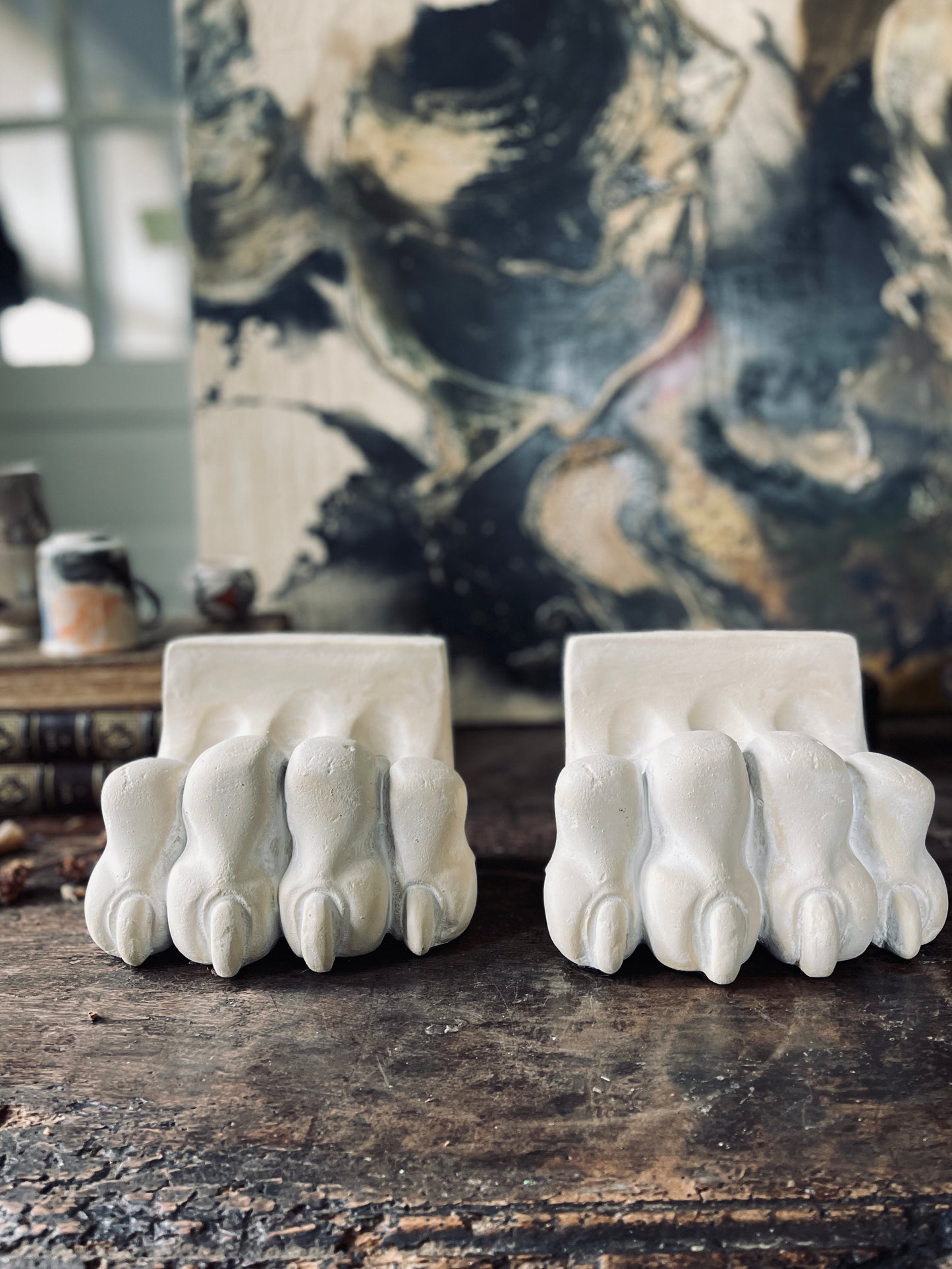 Cement Lion Paw Bookends - a Pair
