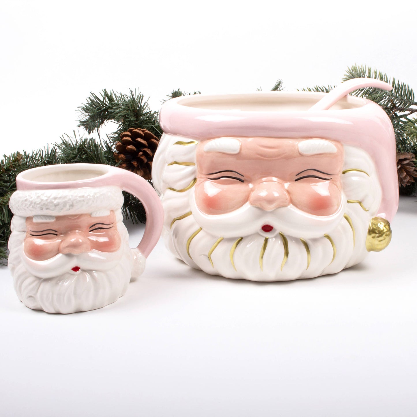 Pink Santa Punch Bowl & Ceramic Ladle - Holiday Party Christmas Serveware