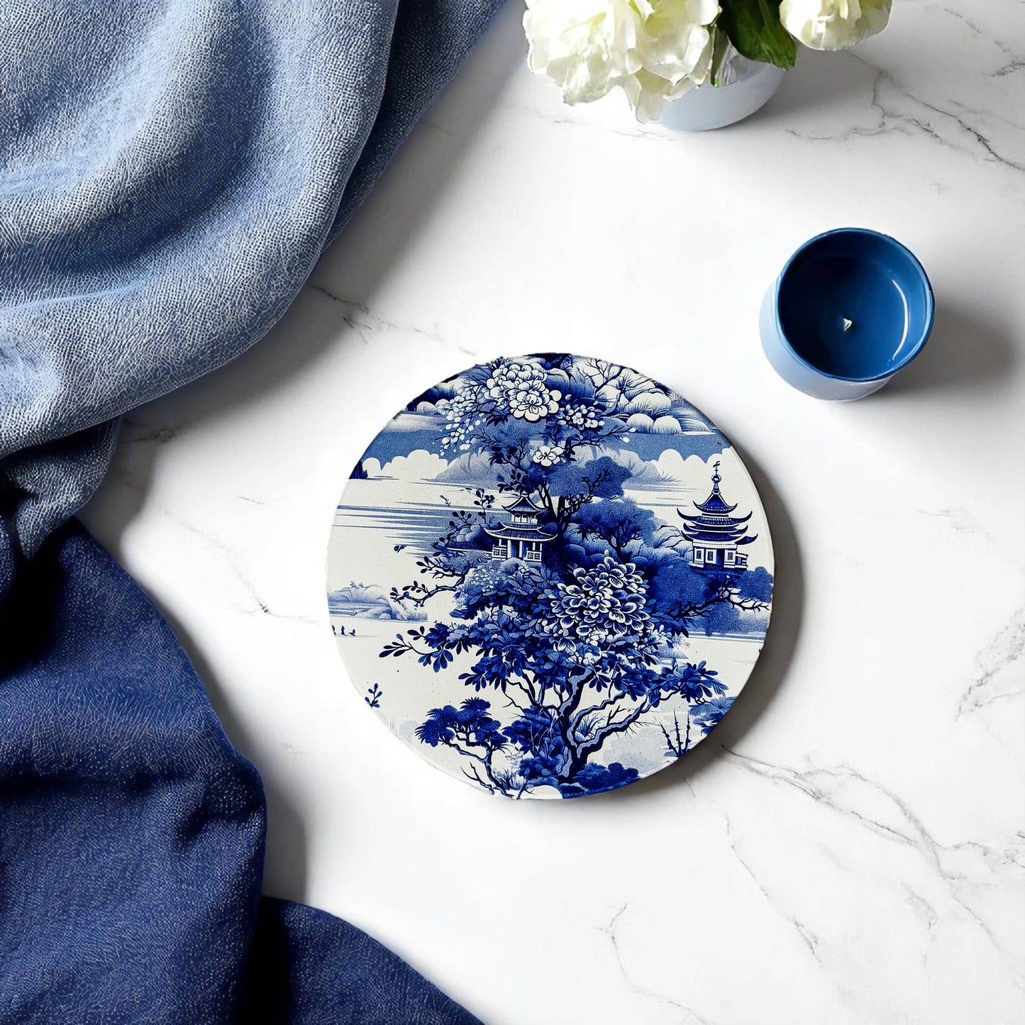 Blue and White Blue Willow Style Chinoiserie Coaster