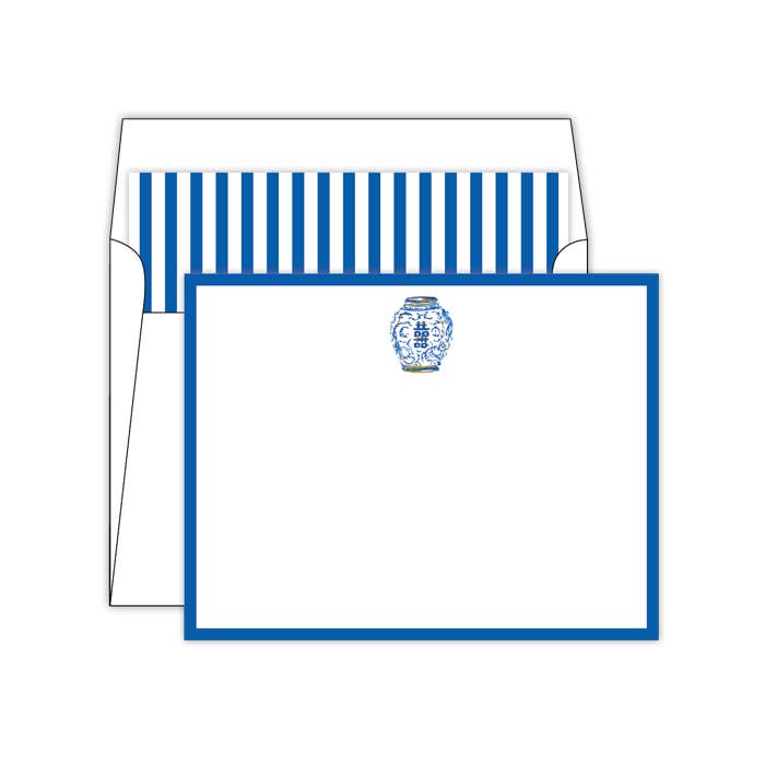 blue chinoiserie jar with navy border social stationery note cards