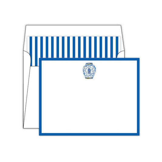 blue chinoiserie jar with navy border social stationery note cards