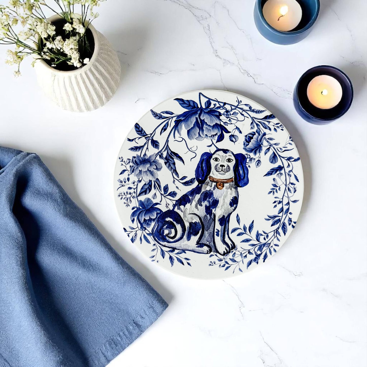 Blue and White Chinoiserie Staffordshire Dog Coaster - Ceramic Cork-Backed Drink Coaster
