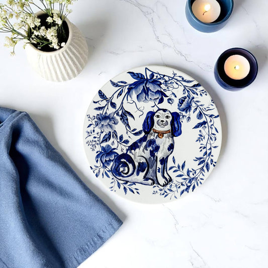 Blue and White Chinoiserie Staffordshire Dog Coaster - Ceramic Cork-Backed Drink Coaster