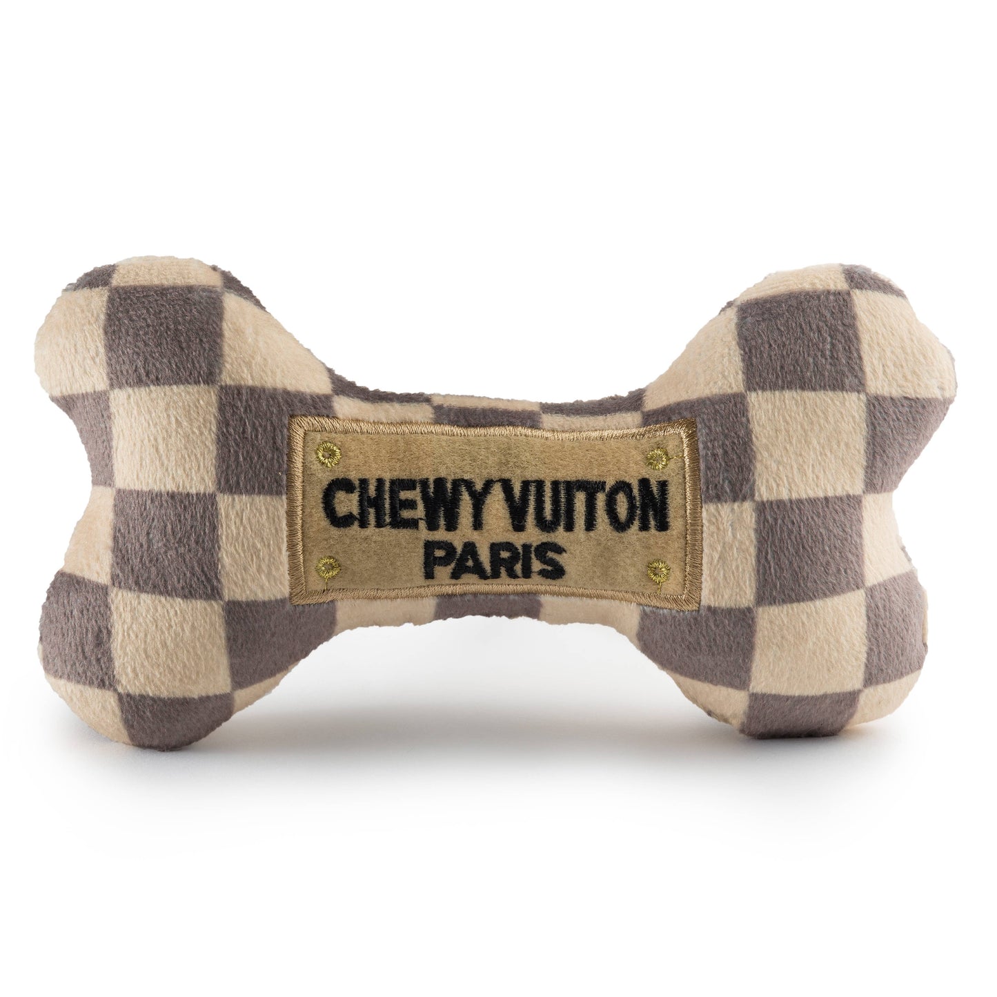 Checkered Chewy Vuiton Plush Bone Squeaky Dog Toy | Small