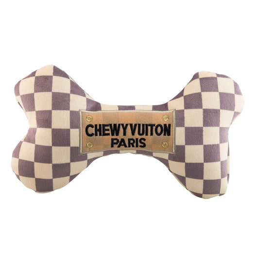 Checkered Chewy Vuiton Plush Bone Squeaky Dog Toy | Small