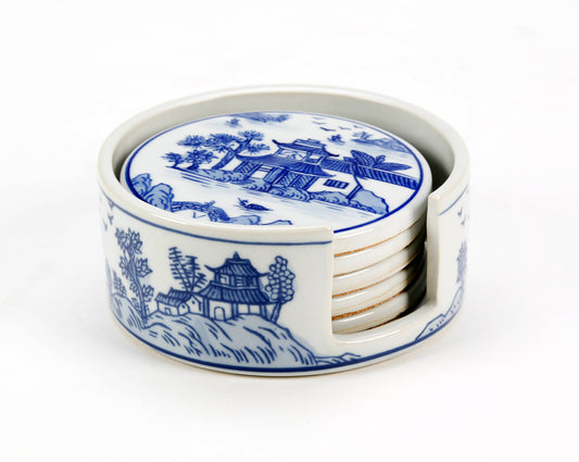 Set of 5 Blue and White Pagoda Coasters with Matching Porcelain Holder