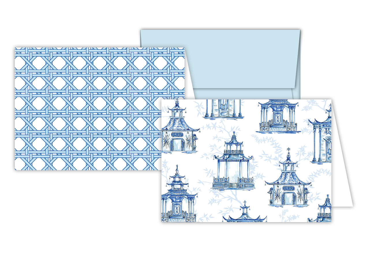 handpainted ornate pagoda blue stationery note cards