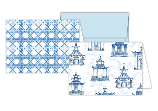 handpainted ornate pagoda blue stationery note cards