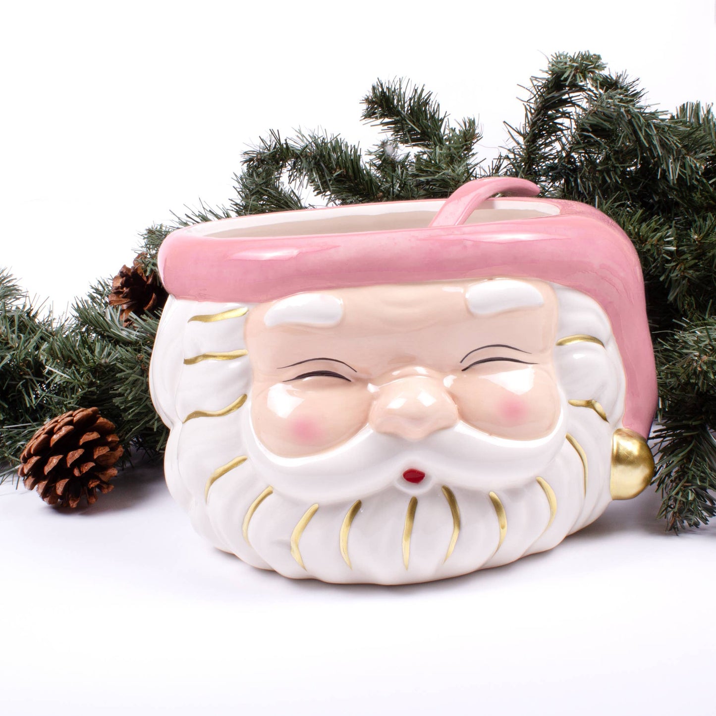 Pink Santa Punch Bowl & Ceramic Ladle - Holiday Party Christmas Serveware