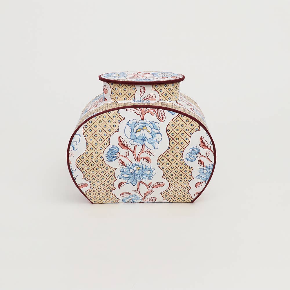 artisan block printed paper jar with vintage floral pattern, handmade