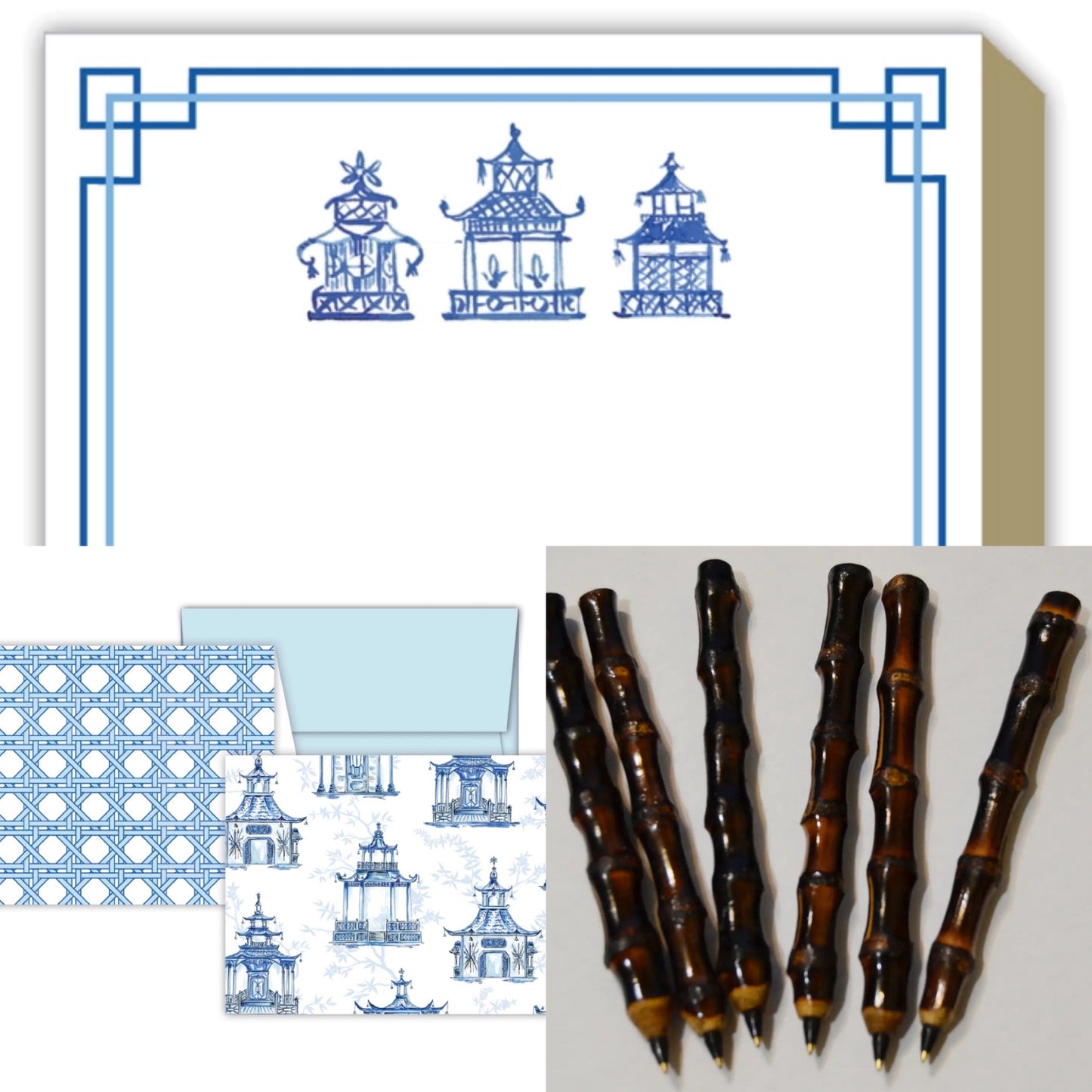 blue and white chinoiserie trio pagoda stationary gift set