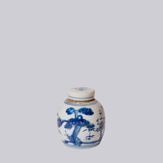 Blue and White Porcelain Mini Ginger Jar - Three Friends of Winter Design