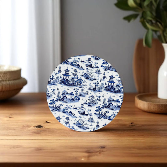 Blue and White Chinoiserie Pagoda Coaster - Elegant Cork-Backed Ceramic Drink Coaster