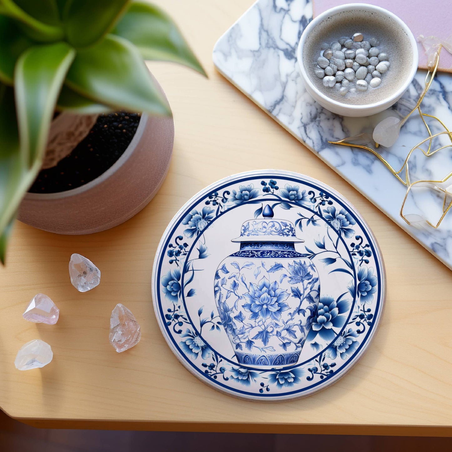 Blue and White Floral Ginger Jar Chinoiserie Coaster