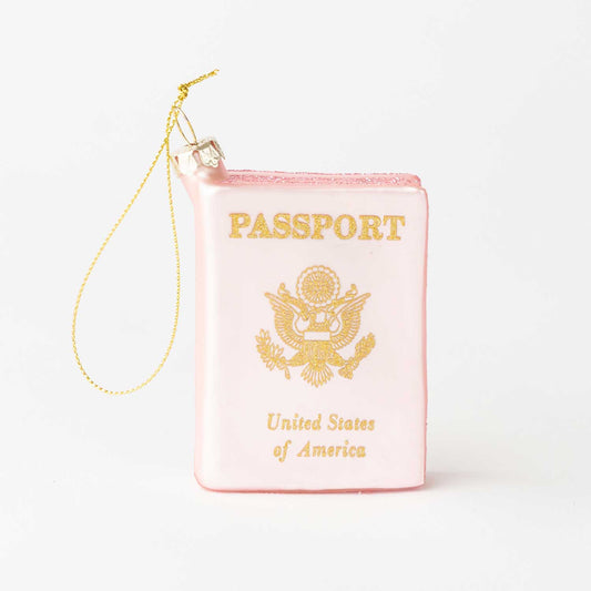 Pink Passport Glass Ornament | Hand-Painted Travel Keepsake for Globetrotters