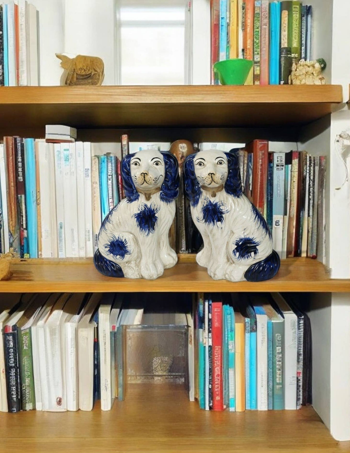 Pair of English Chinoiserie Style Blue and White Ceramic Staffordshire Dog
