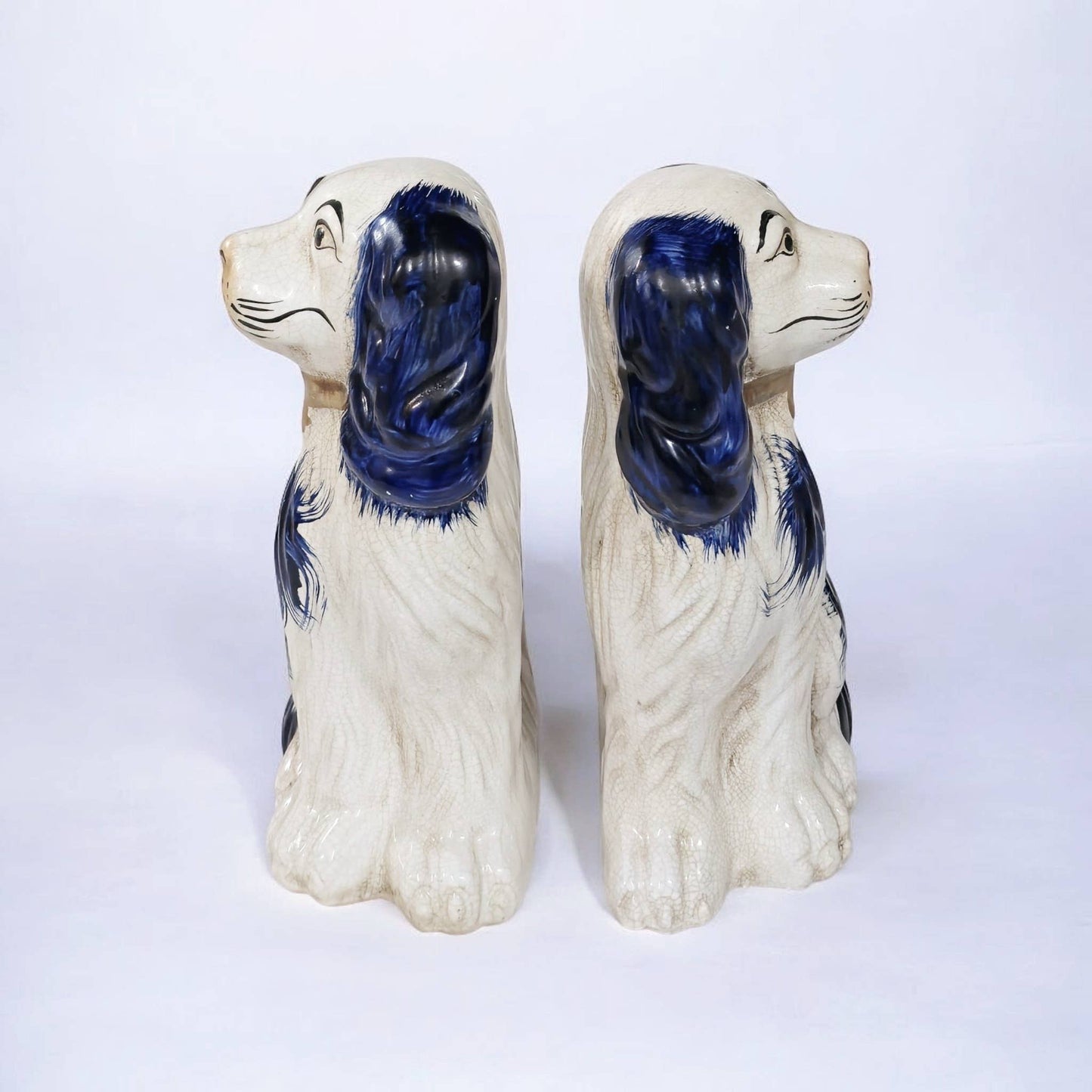 Pair of English Chinoiserie Style Blue and White Ceramic Staffordshire Dog
