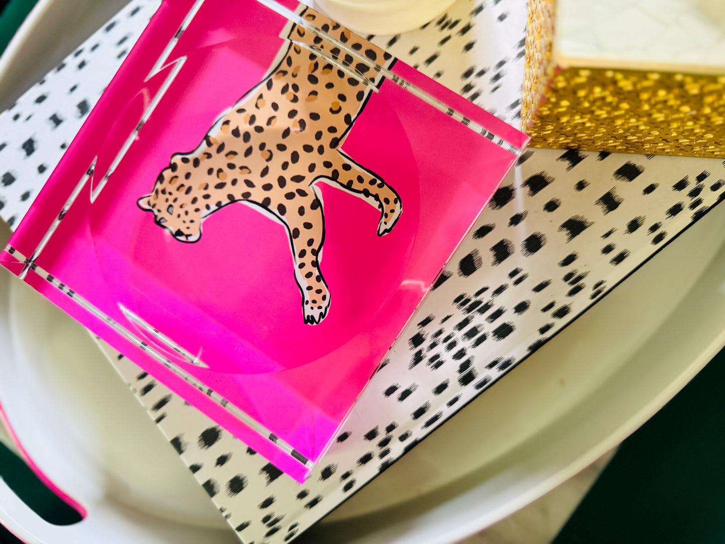 acrylic catchall leopard tray in pink