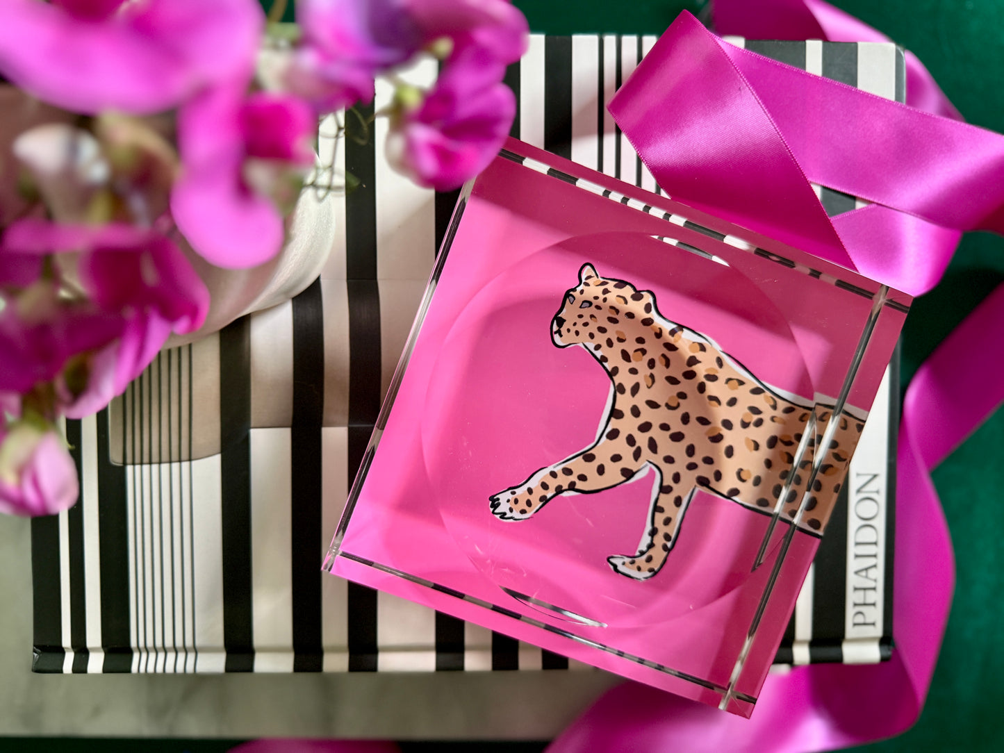 acrylic catchall leopard tray in pink