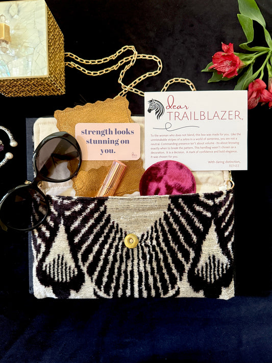 trailblazer gift box for women – empowerment gift with zebra clutch, boss lady gift, corporate gift for strong women, career milestone